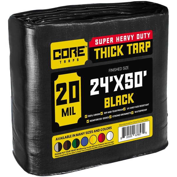 Core Tarps 24 ft x 50 ft Heavy Duty 20 Mil Tarp, Black, Polyethylene CT-706-24x50